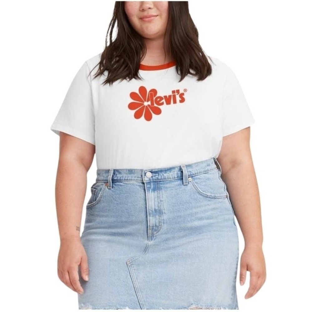 NEW Levi's Crop Top Tee Shirt Womens Plus Size 2X White Orange Ring Collar